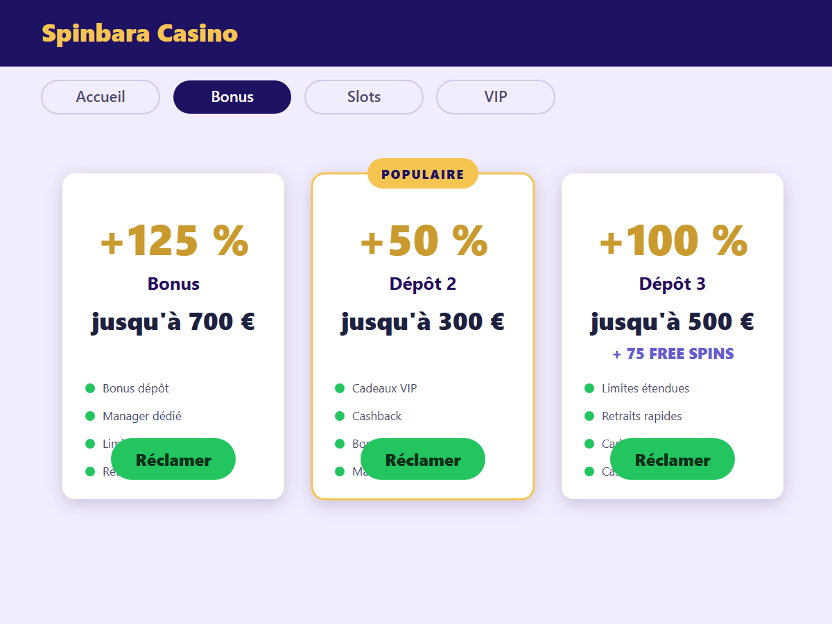 Bonus de bienvenue Spinbara Casino