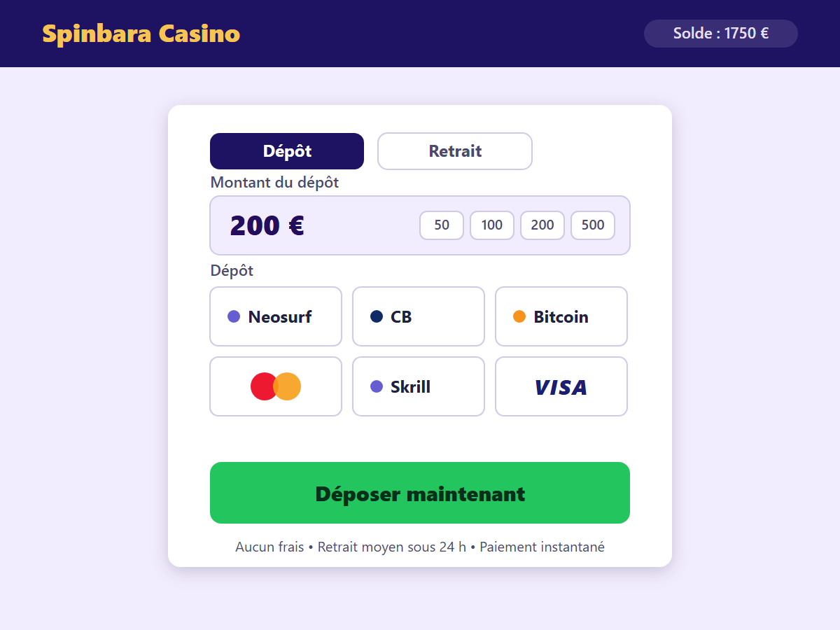 Page de dépôt Spinbara Casino — méthodes de paiement
