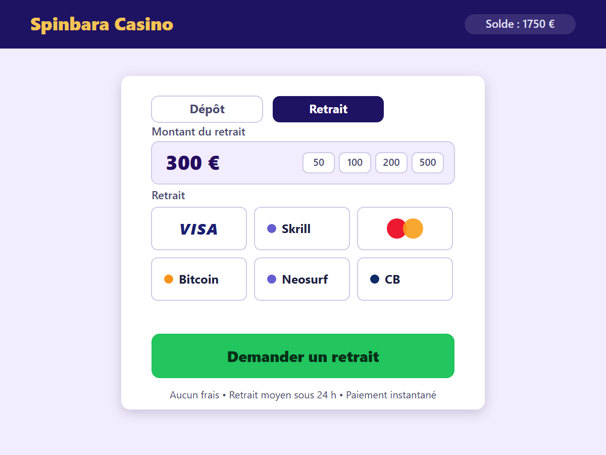 Page de dépôt Spinbara Casino — méthodes de paiement